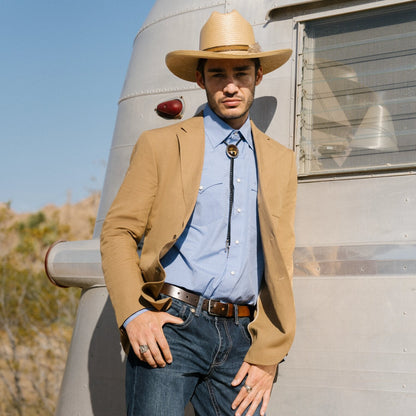 Stetson light blue western snap shirt on model