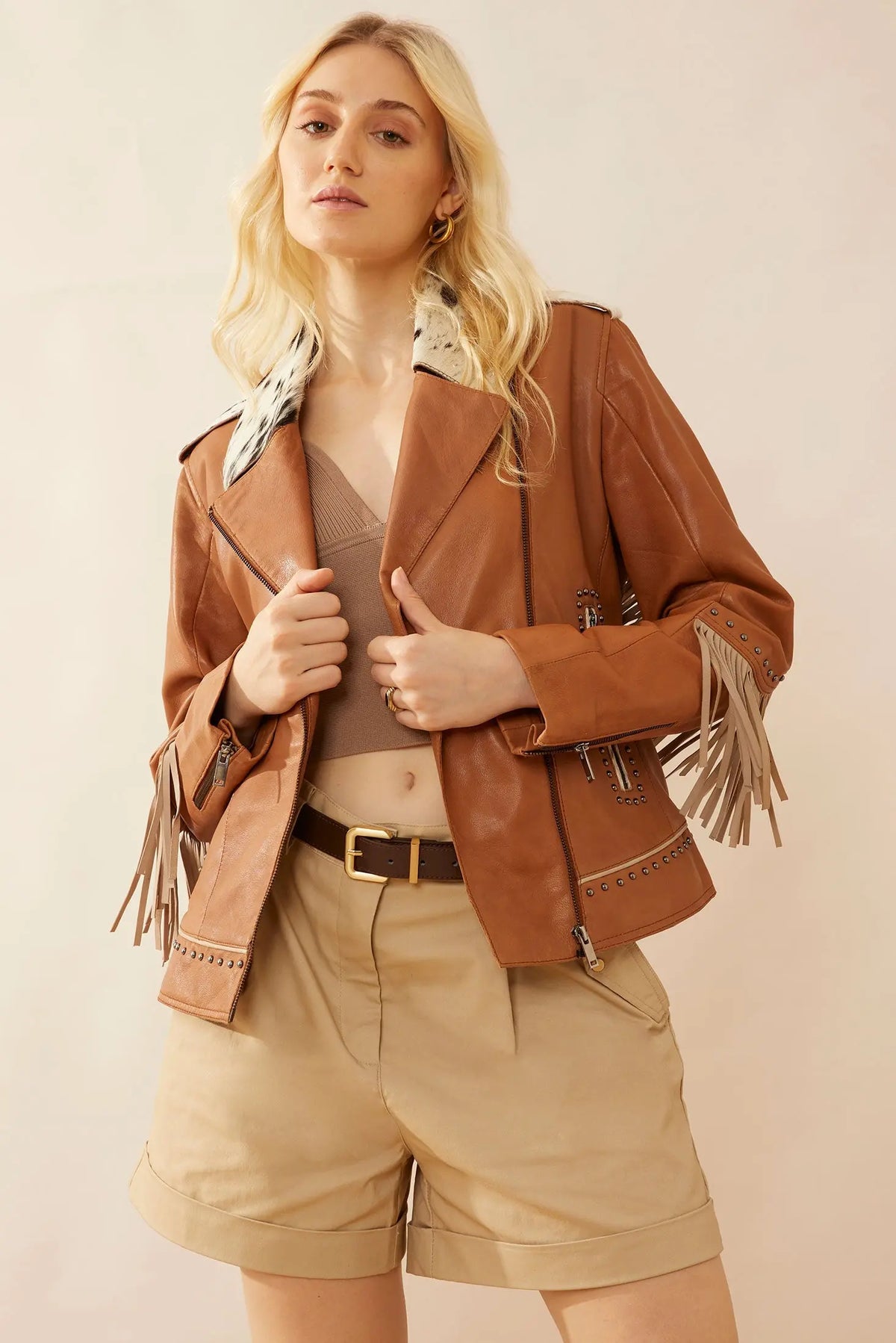 Phoenix fringed camel leather jacket with cowhide collar