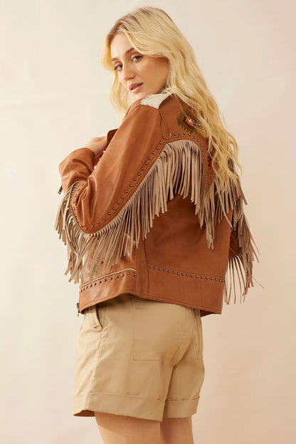 Phoenix fringed leather jacket camel detail