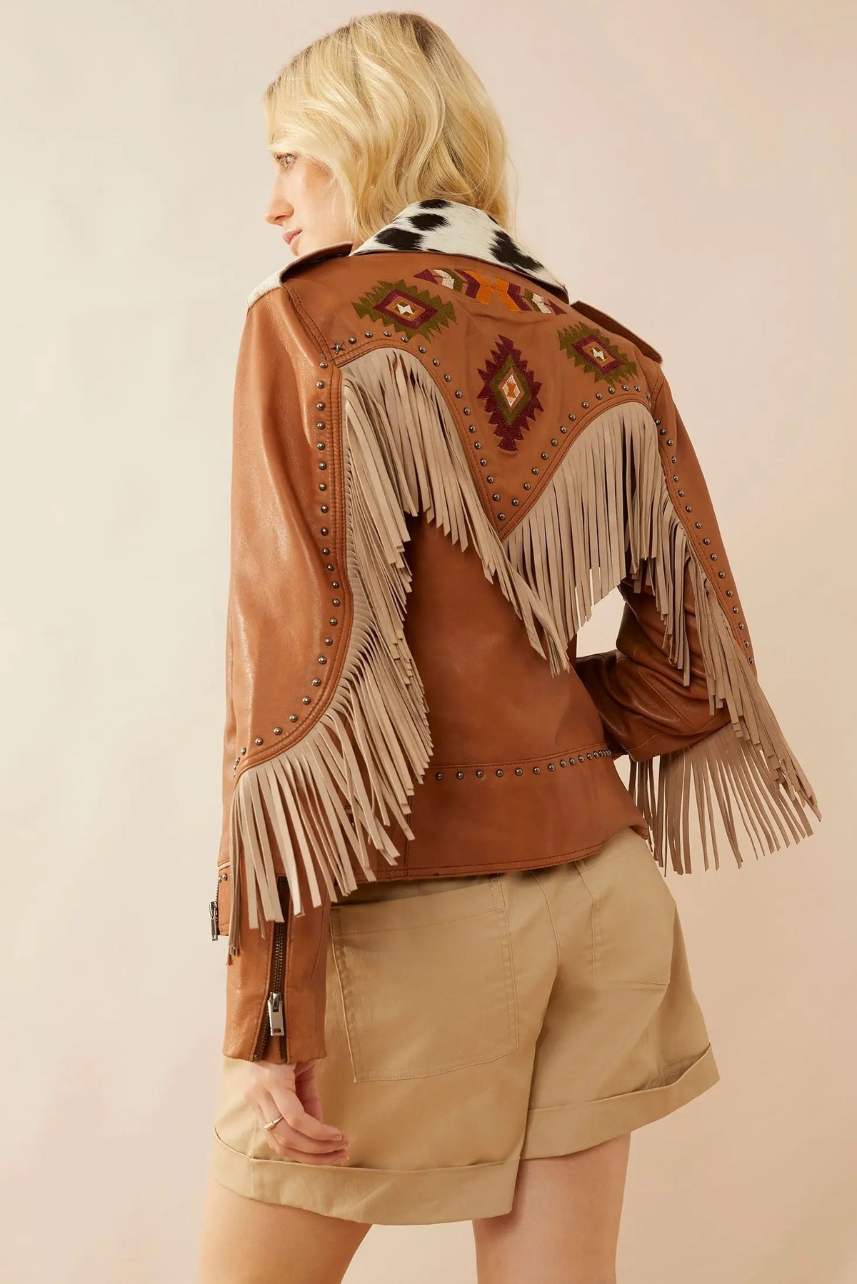 Phoenix fringed leather jacket camel embroidered back