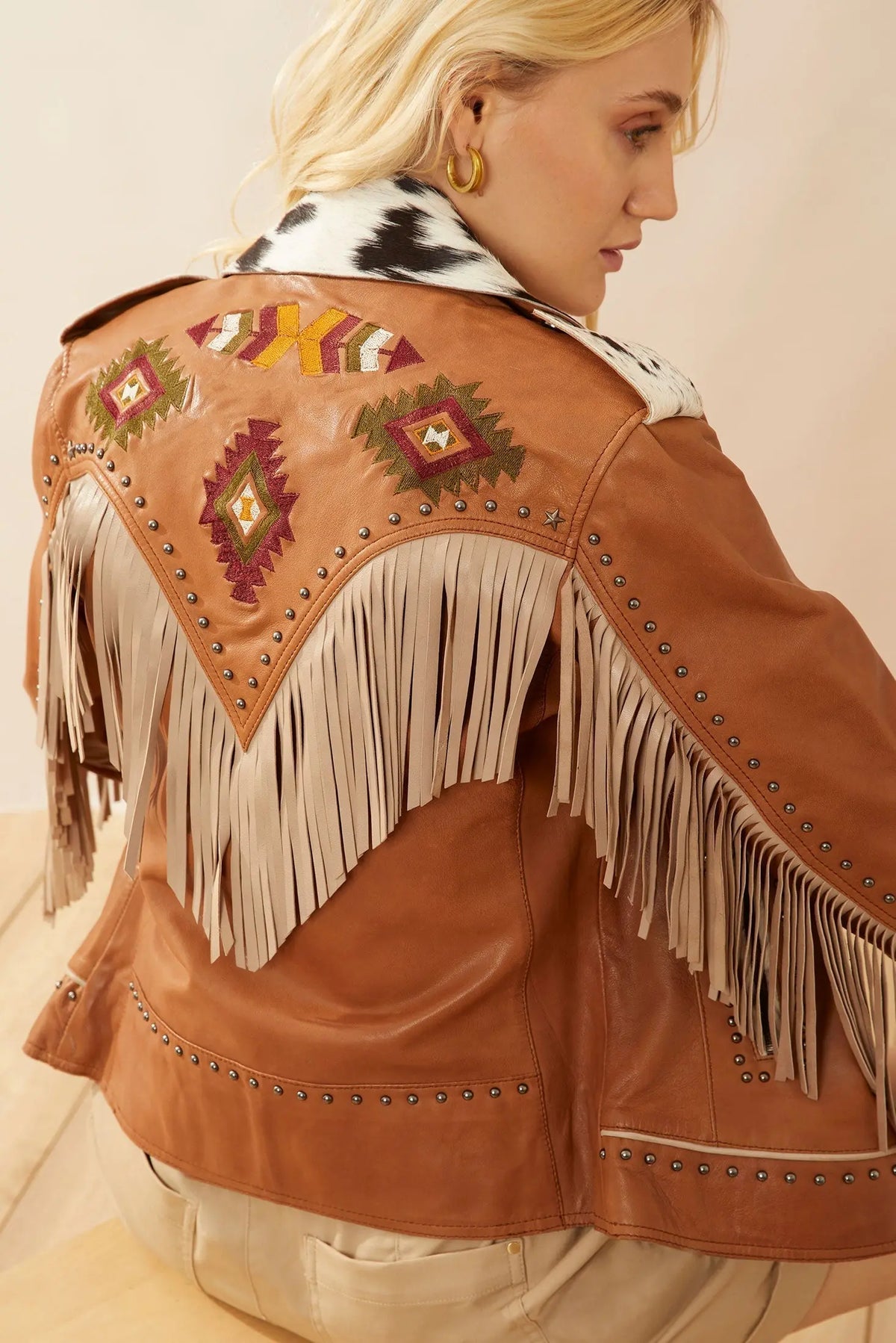 Phoenix fringed leather jacket camel fringe sleeves