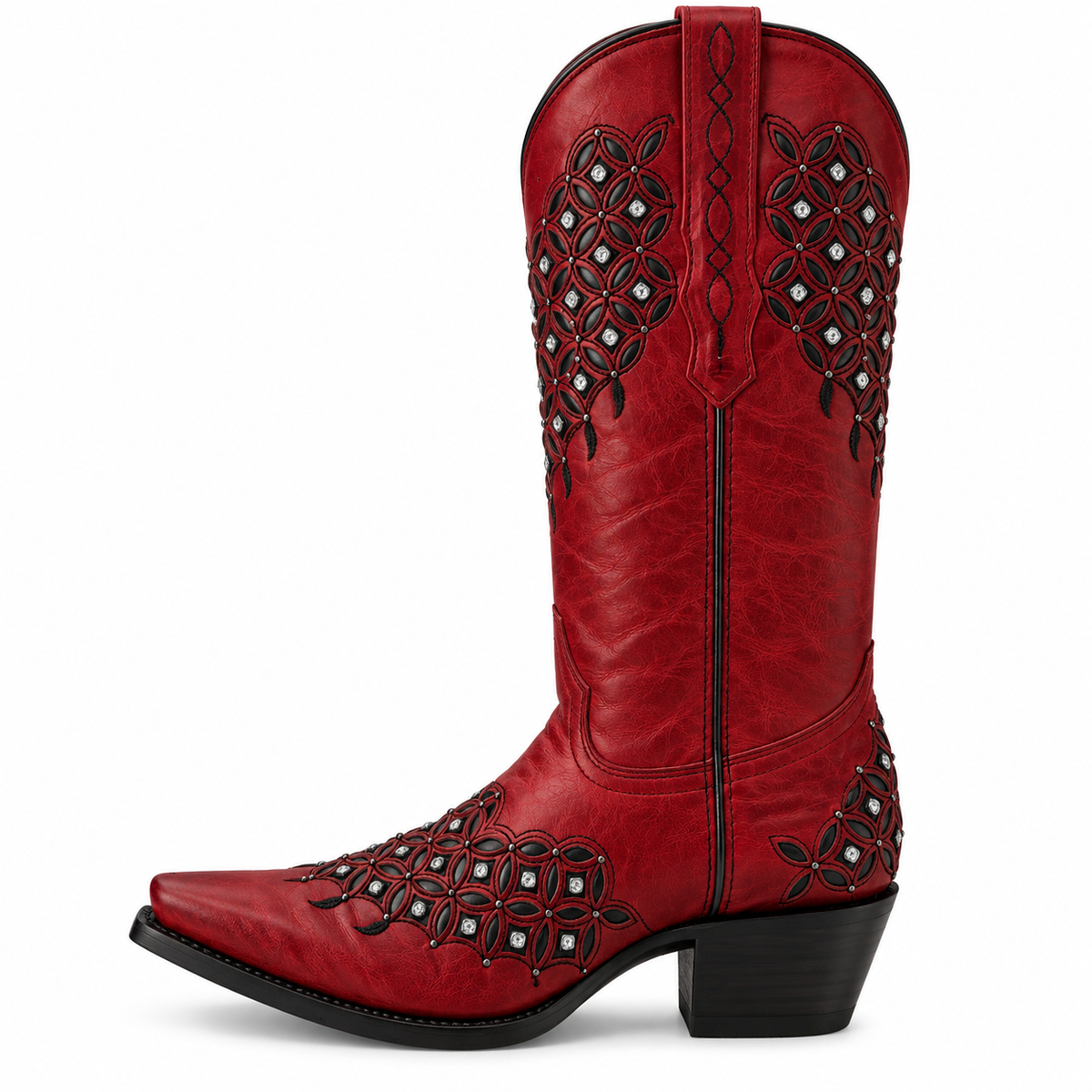 Women's Red Leather Snip Toe Cowboy Boots – Crystal & Studded Inlay Western Boot