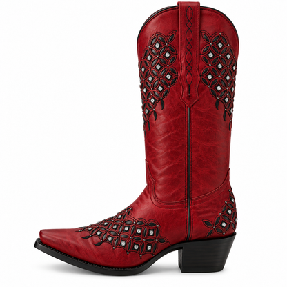 Women's Red Leather Snip Toe Cowboy Boots – Crystal & Studded Inlay Western Boot