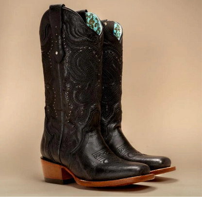 Black Studded Western Square Toe Boots