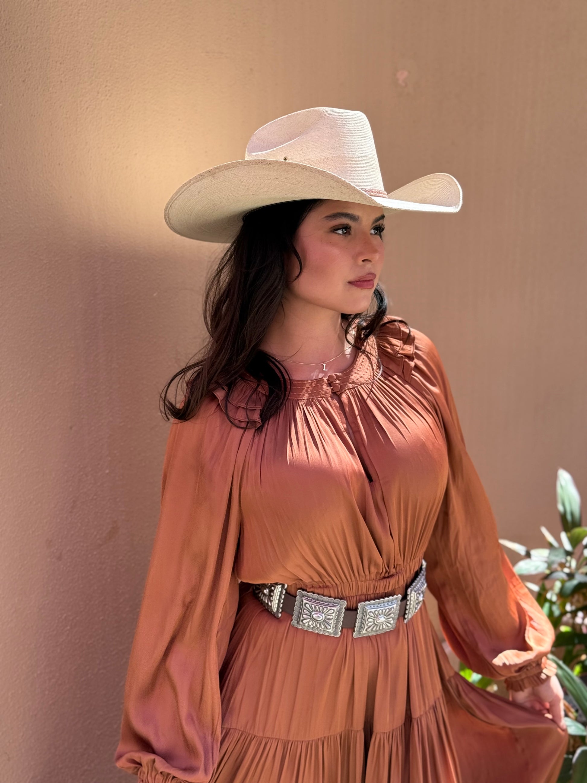 Rust Satin Ruffle Midi Dress – Elegant Western Style Last Rodeo Western Wear & Hat Bar