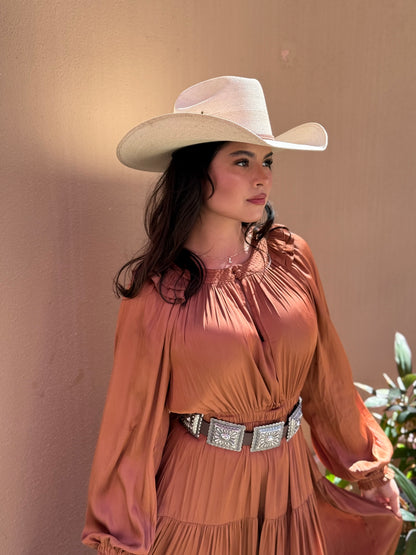 Rust Satin Ruffle Midi Dress – Elegant Western Style Last Rodeo Western Wear & Hat Bar