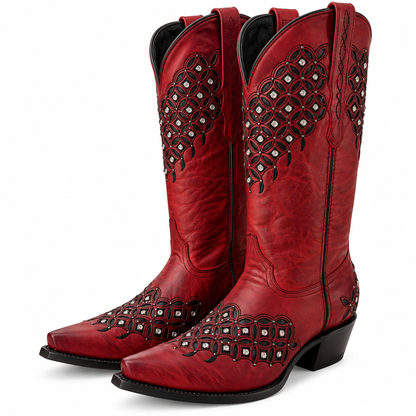 Women's Red Leather Snip Toe Cowboy Boots – Crystal & Studded Inlay Western Boot