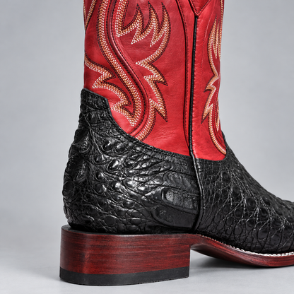 Hornback crocodile heel and red leather shaft on men's cowboy boot