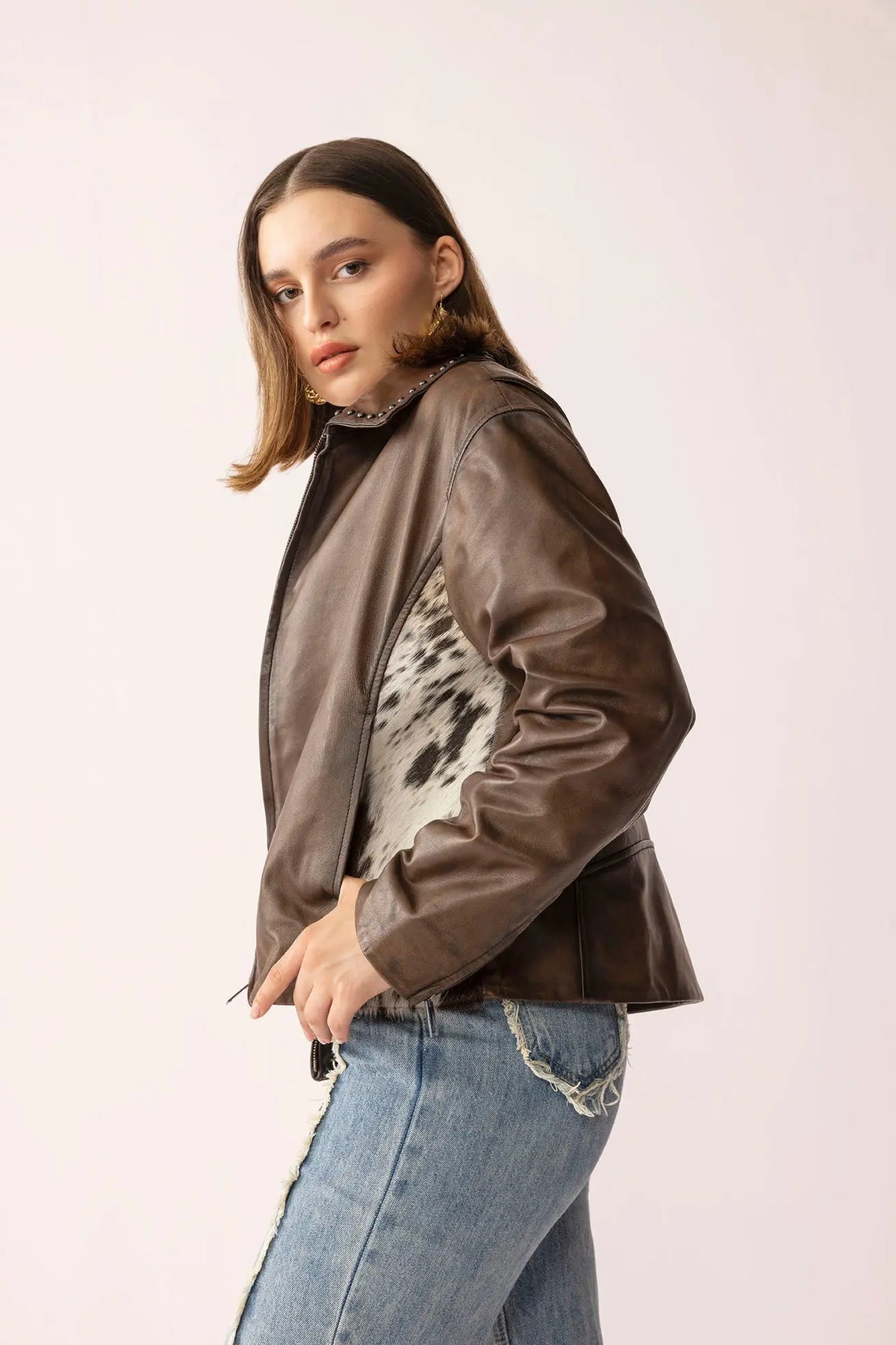 Emberhide leather jacket buckle brown side view