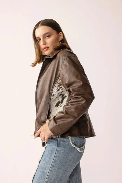Emberhide leather jacket buckle brown side view