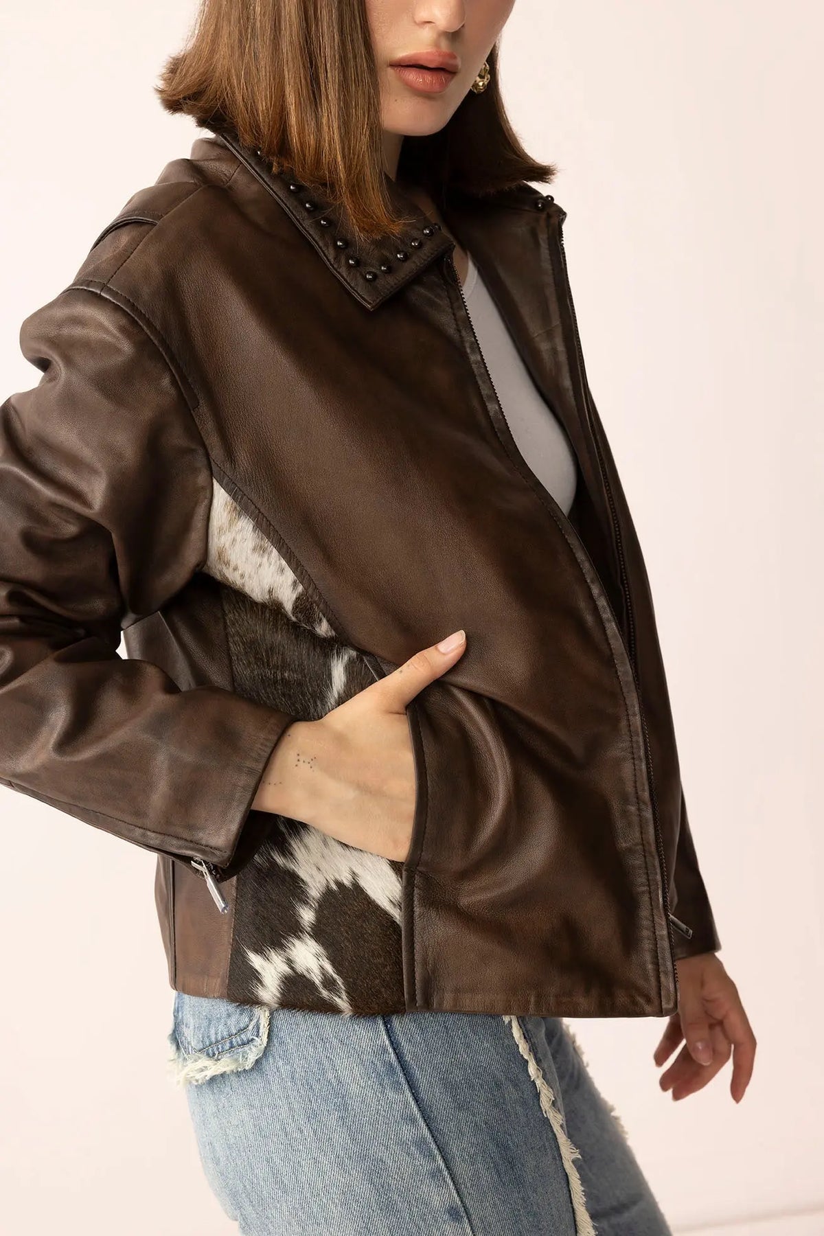 Emberhide leather jacket studded collar detail
