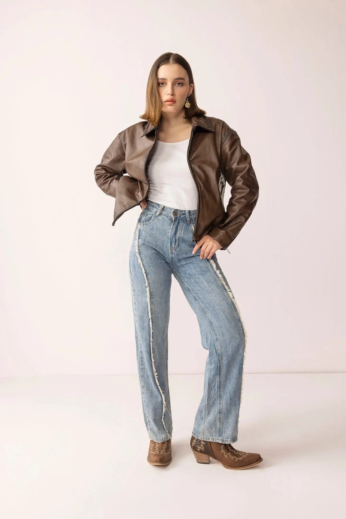Emberhide leather jacket cowhide panel detail