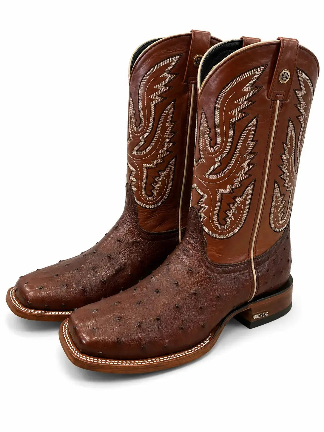 Bronzer Men’s Genuine Full Quill Ostrich Square Toe Western Boots Chocolate Brown
