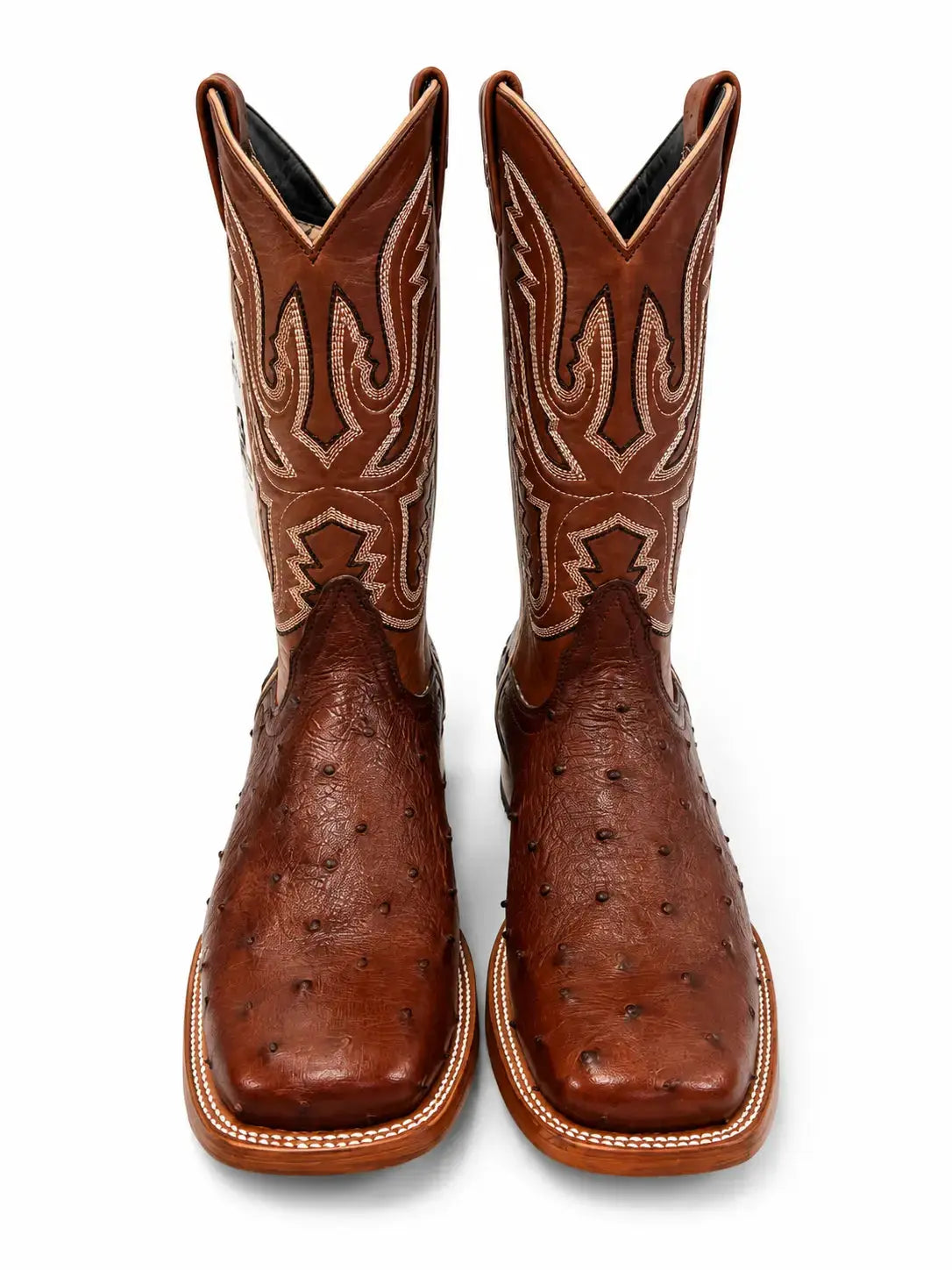 Bronzer Men’s Genuine Full Quill Ostrich Square Toe Western Boots Chocolate Brown Front