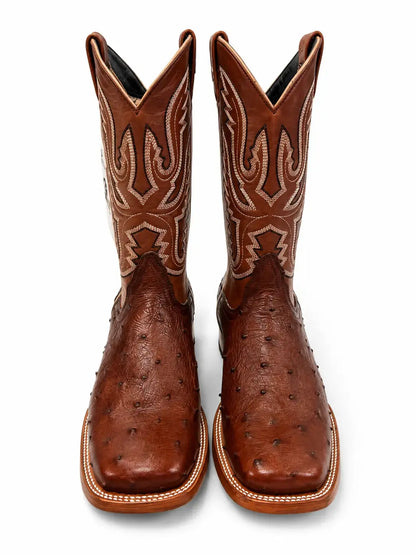 Bronzer Men’s Genuine Full Quill Ostrich Square Toe Western Boots Chocolate Brown Front