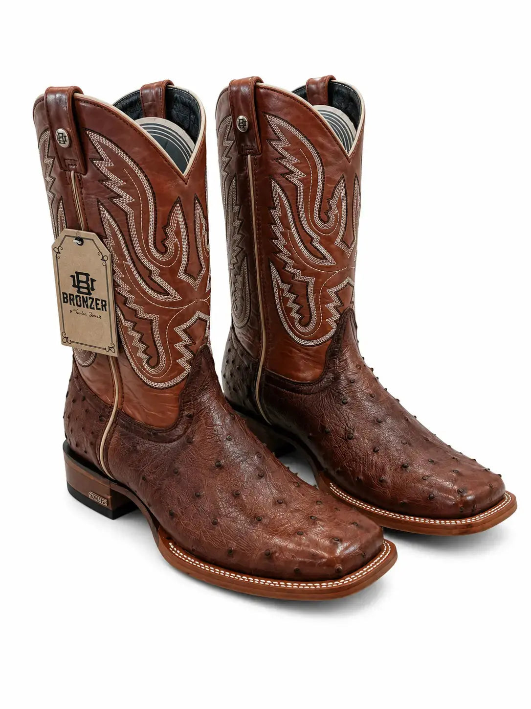 Bronzer Men’s Genuine Full Quill Ostrich Square Toe Western Boots Chocolate Brown Side 2