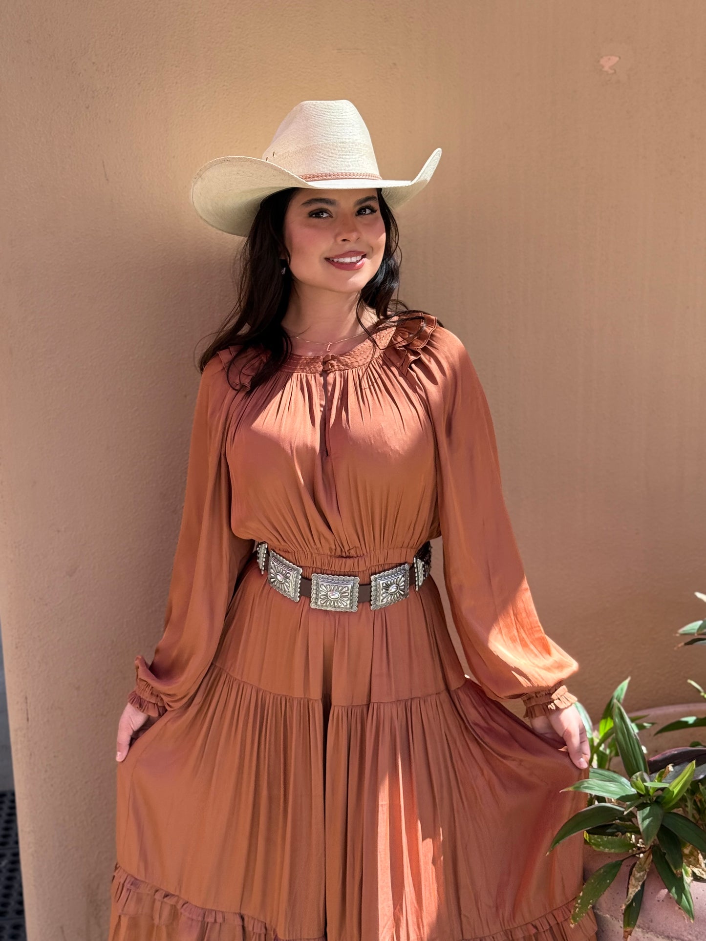 Rust Satin Ruffle Midi Dress – Elegant Western Style Last Rodeo Western Wear & Hat Bar