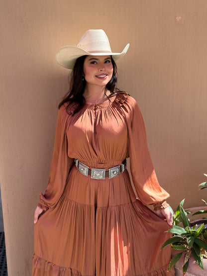 Rust Satin Ruffle Midi Dress – Elegant Western Style Last Rodeo Western Wear & Hat Bar