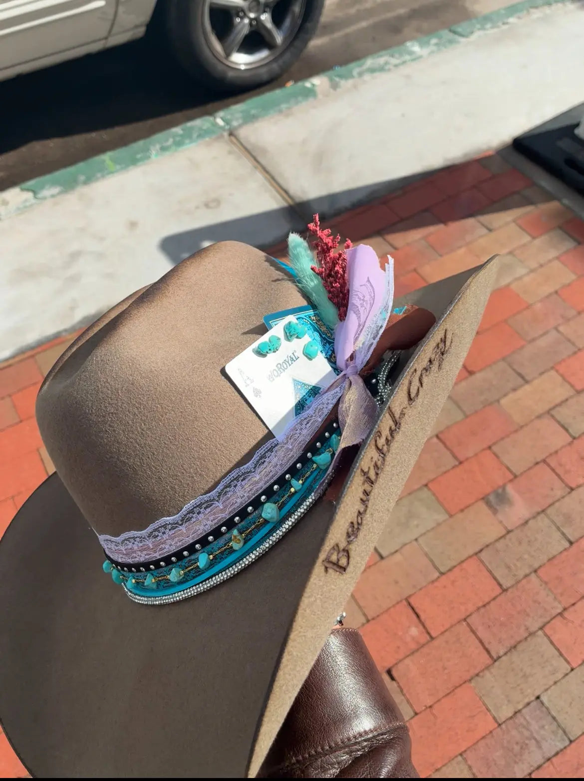 “Beautiful Crazy” Custom Western Hat — Turquoise, Lace & Feathers Last Rodeo Western Wear & Hat Bar