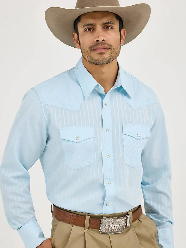 Wrangler Men’s Vintage Stripe Western Snap Shirt – Sky Blue & White Last Rodeo Western Wear & Hat Bar