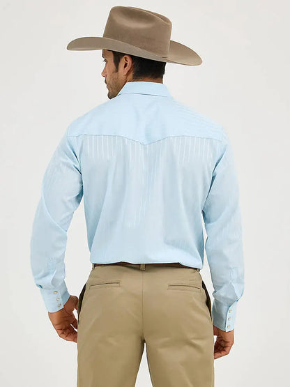 Wrangler Men’s Vintage Stripe Western Snap Shirt – Sky Blue & White Last Rodeo Western Wear & Hat Bar