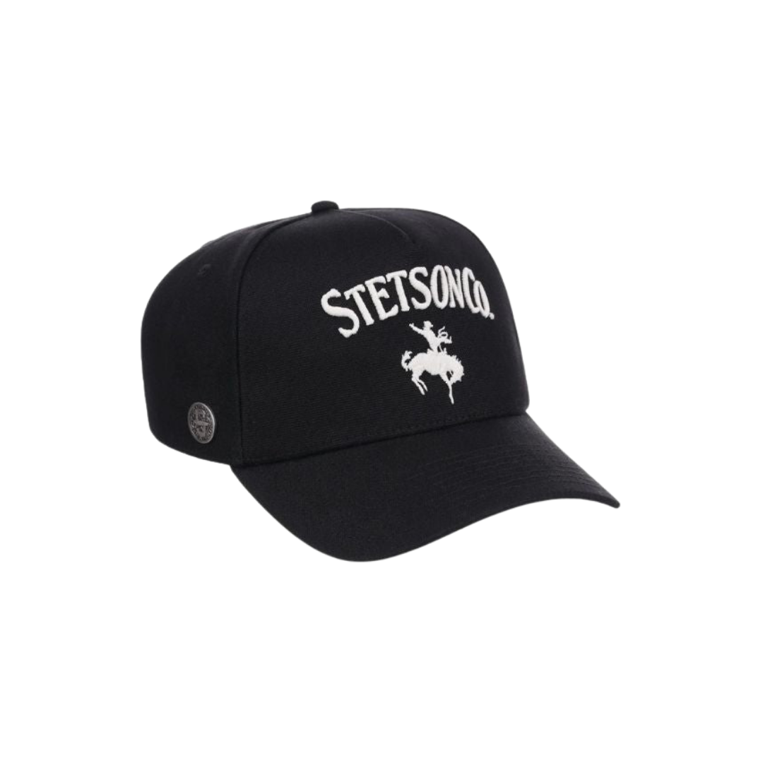 Stetson Co. black ball cap with adjustable snapback, side view