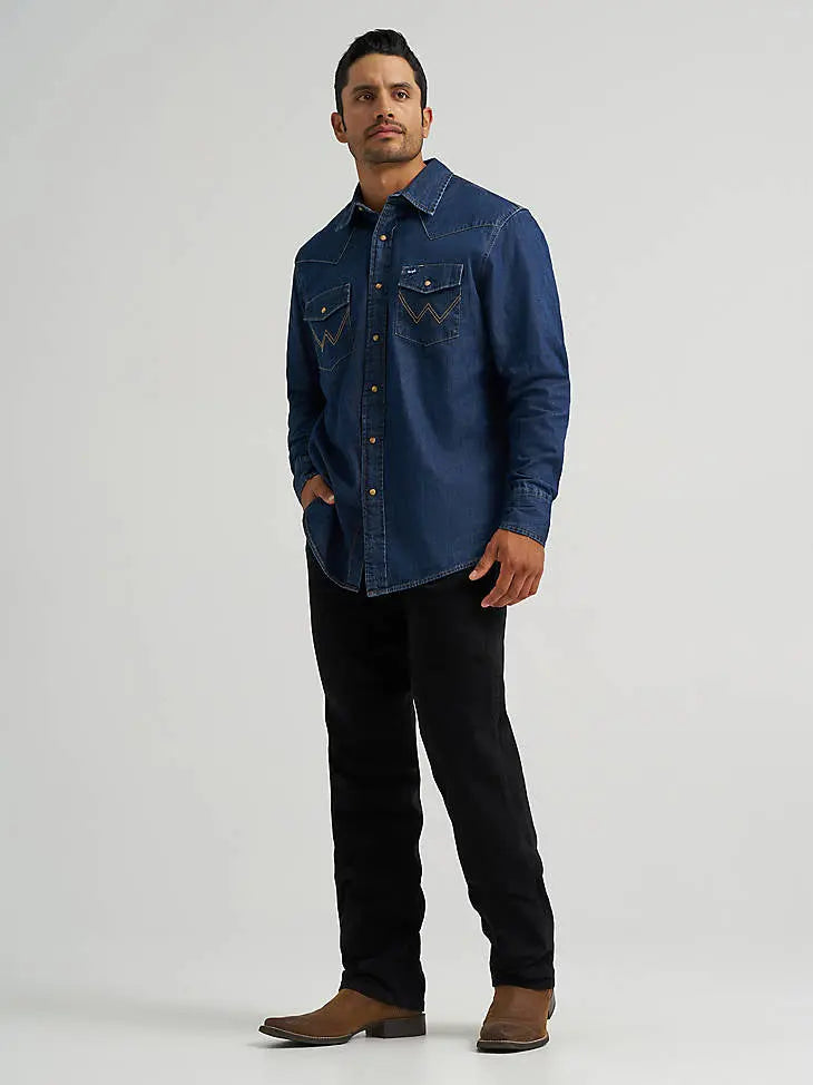 Wrangler Men’s Classic Denim Western Snap Shirt – Light & Dark Wash Last Rodeo Western Wear & Hat Bar