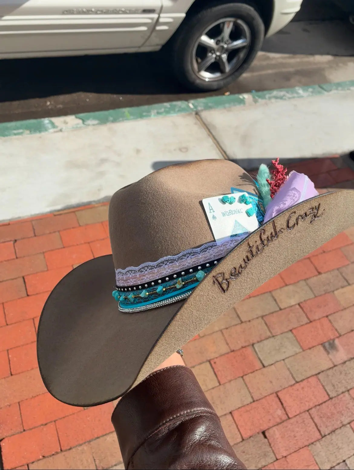 “Beautiful Crazy” Custom Western Hat — Turquoise, Lace & Feathers Last Rodeo Western Wear & Hat Bar