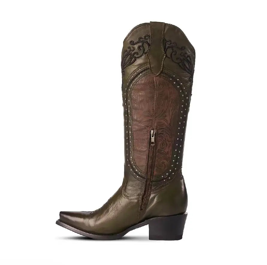 Women’s Cognac Snip Toe Western Cowboy Boots – 16” Tall Embroidered Leather Last Rodeo Western Wear & Hat Bar