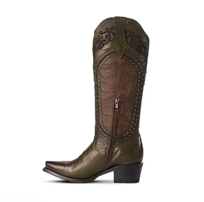 Women’s Cognac Snip Toe Western Cowboy Boots – 16” Tall Embroidered Leather Last Rodeo Western Wear & Hat Bar