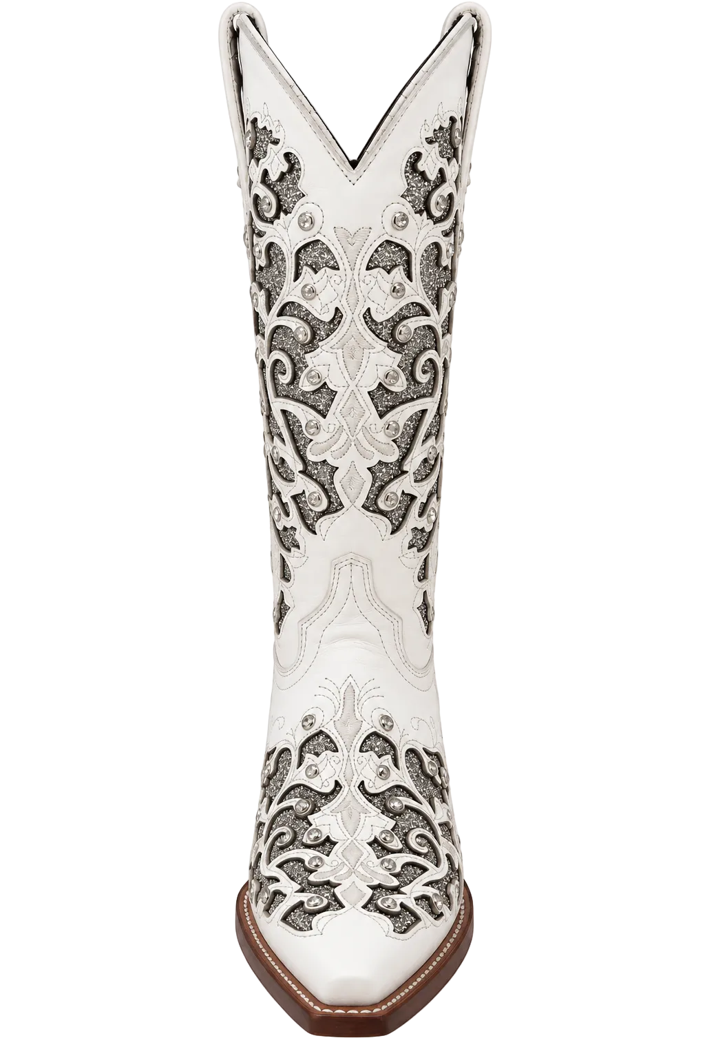 Women's White Leather Snip Toe Cowboy Boots – Silver Glitter Inlay & Crystal Western Boot