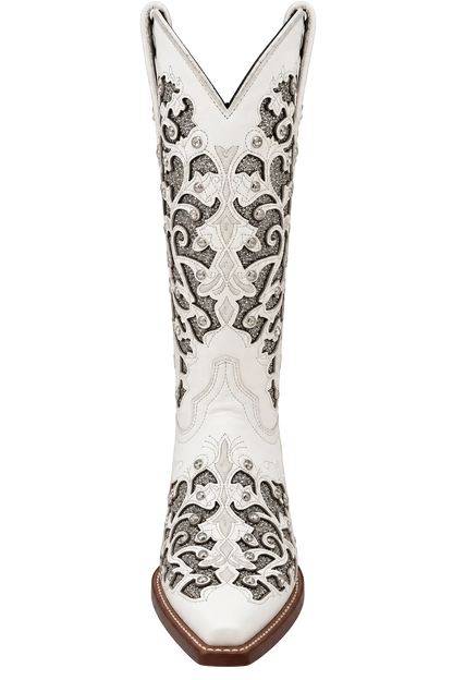 Women's White Leather Snip Toe Cowboy Boots – Silver Glitter Inlay & Crystal Western Boot