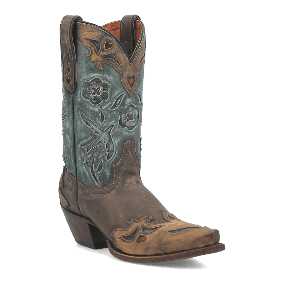 Vintage Bluebird Leather Boot - Chocolate/Teal, 45 degree angle