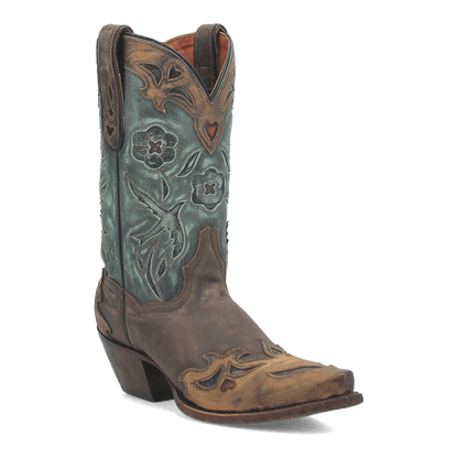 Vintage Bluebird Leather Boot - Chocolate/Teal, 45 degree angle