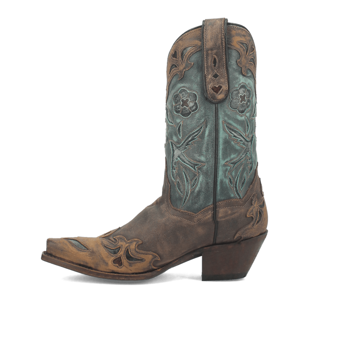 Vintage Bluebird Leather Boot - Chocolate/Teal, outside angle