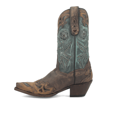 Vintage Bluebird Leather Boot - Chocolate/Teal, outside angle