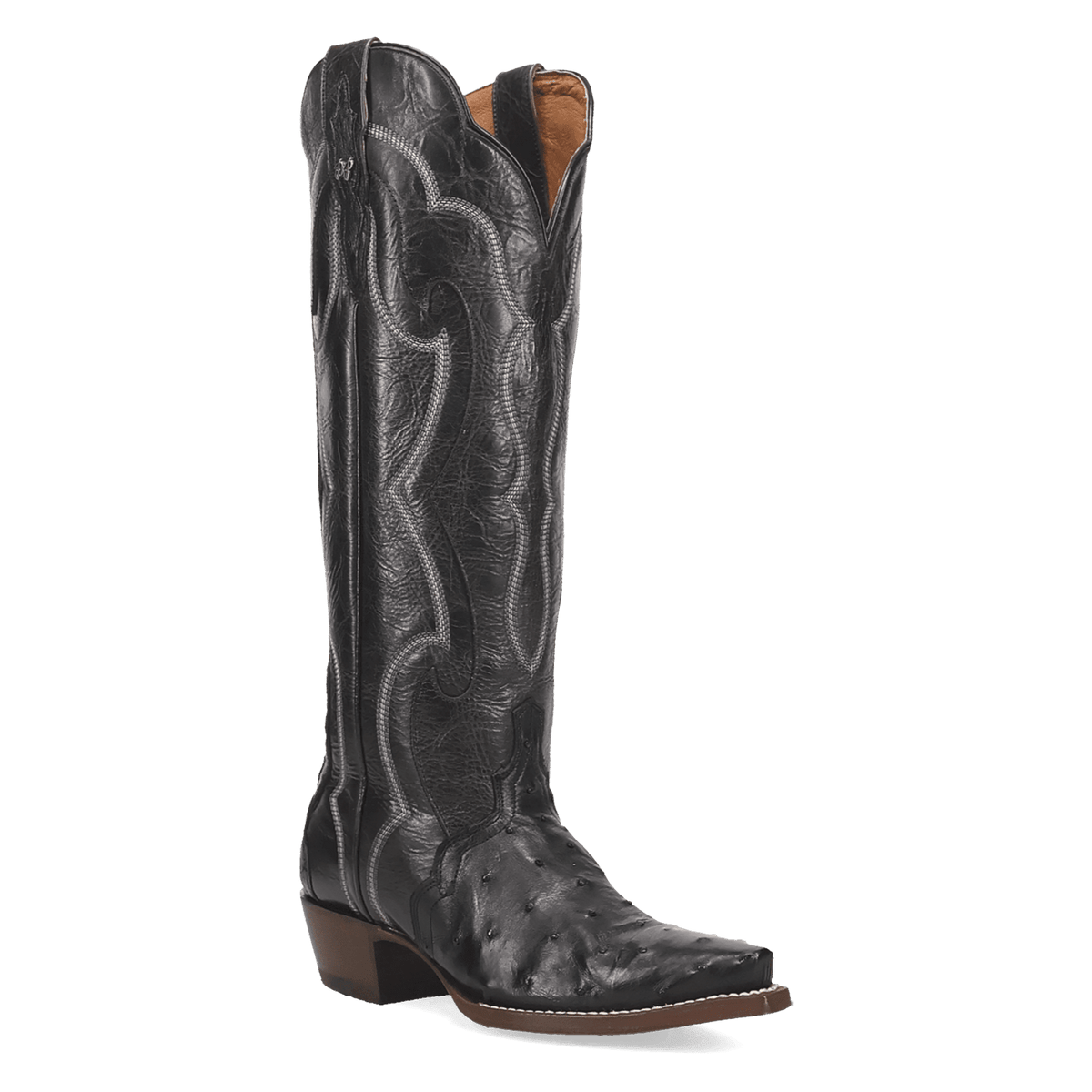 Maravilla Full Quill Ostrich Boot - Black, 45 degree angle