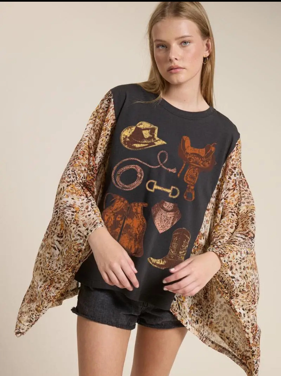 Women’s Western Graphic Tee with Leopard Kimono Sleeves Last Rodeo Western Wear & Hat Bar