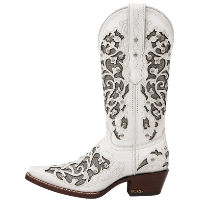 Women's White Leather Snip Toe Cowboy Boots – Silver Glitter Inlay & Crystal Western Boot