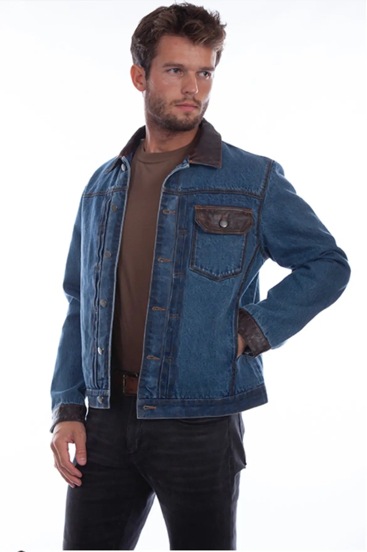 Scully Men’s Denim Jacket with Brown Leather Trim – Western Button Up Last Rodeo Western Wear & Hat Bar