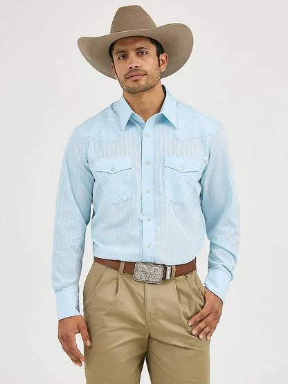 Wrangler Men’s Vintage Stripe Western Snap Shirt – Sky Blue & White Last Rodeo Western Wear & Hat Bar