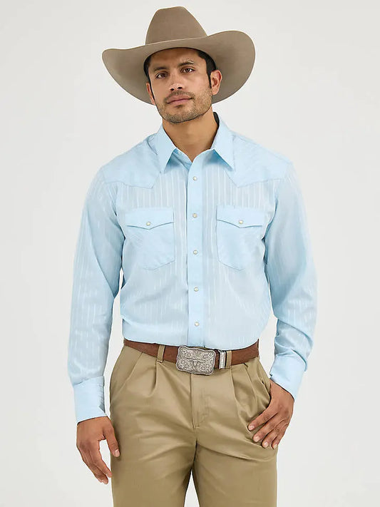 Wrangler Men’s Vintage Stripe Western Snap Shirt – Sky Blue & White Last Rodeo Western Wear & Hat Bar