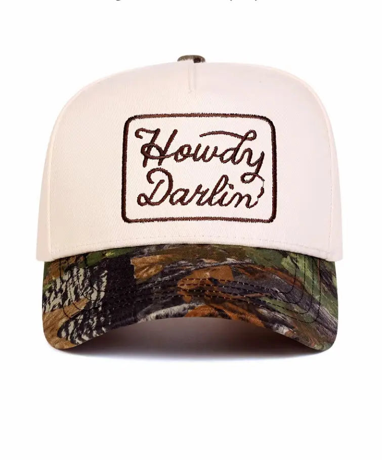 Howdy Darlin’ Western Trucker Hat – Embroidered Cowgirl Cap with Camo & Leopard Brim Last Rodeo Western Wear & Hat Bar