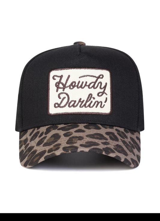 Howdy Darlin’ Western Trucker Hat – Embroidered Cowgirl Cap with Camo & Leopard Brim