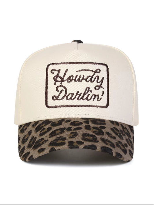 Howdy Darlin’ Western Trucker Hat – Embroidered Cowgirl Cap with Camo & Leopard Brim