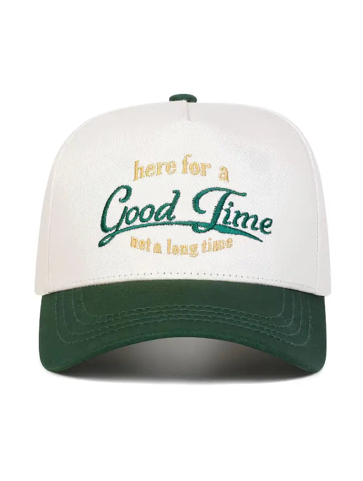 Good Time Cowboy Trucker Hat – White & Green Embroidered Western Cap Last Rodeo Western Wear & Hat Bar