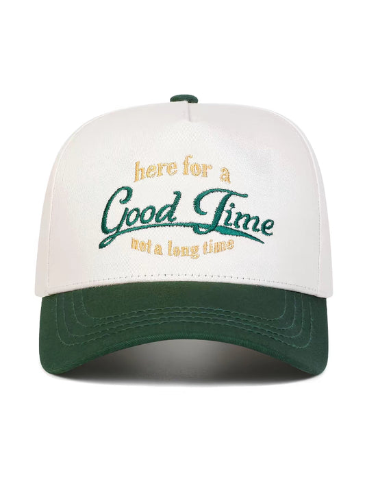 Good Time Cowboy Trucker Hat – White & Green Embroidered Western Cap