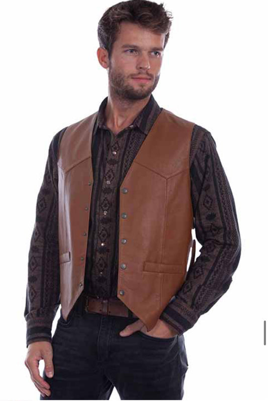 Scully Men’s Saddle Tan Leather Western Vest – Classic Snap Front