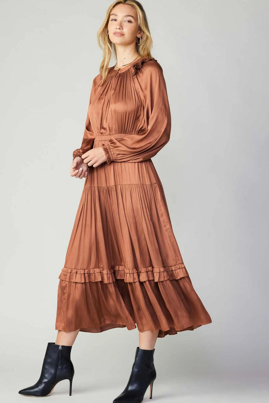 Rust Satin Ruffle Midi Dress – Elegant Western Style