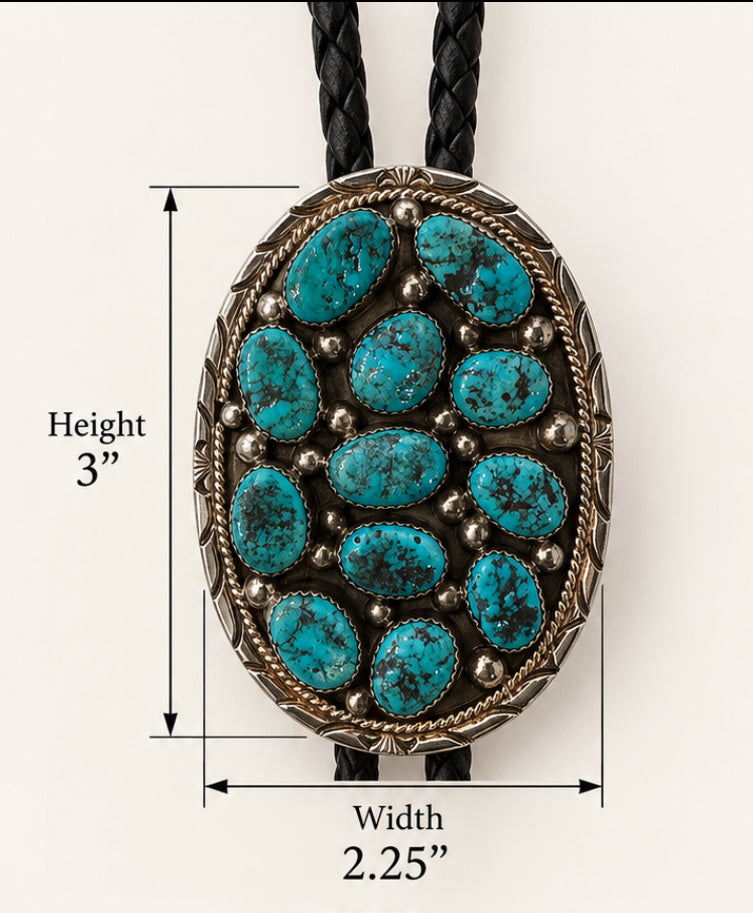 Native American Sterling Silver Turquoise Cluster Bolo Tie – Signed DN